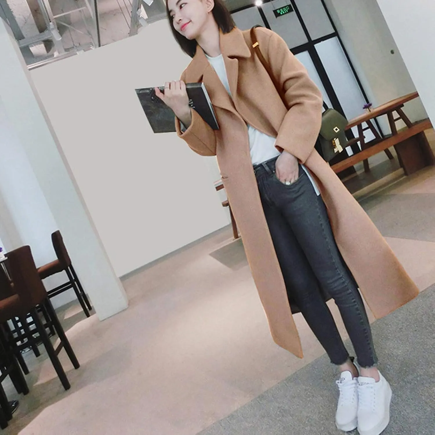 DDAPJ pyju Women's Elegant Wool Blend Trench Coat Notch Collar Open Front Long Jacket Ladies Fashion Pea Coats with Pockets