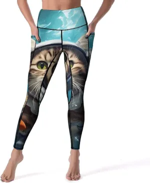 Diving Cat Women's Yoga Pants Leggings with Pockets High Waist Compression Workout Pants