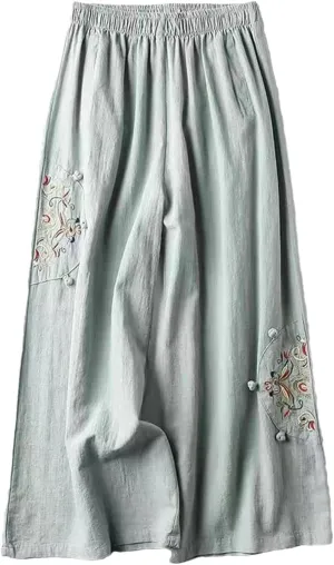 Dndrdhfb Women's Casual Straight Wide Leg Pants Solid Color High Waist Embroidered Trousers