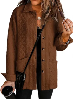 Dokotoo Casual Quilted Jackets for Women Button Down Collared Long Sleeve Shirts Spring Jackets with Pockets 2025