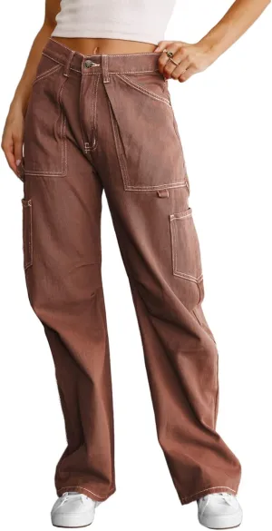 Dokotoo Womens Cargo Pants Women Baggy Wide Leg High Waist Casual Pants Jean Stretch Pants