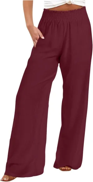 DOLKFU Wide Leg Lounge Pants for Women Elastic High Waist Paperbag Pants Baggy Flowy Straight Leg Palazzo Pants