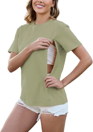 Ecavus Women's Short Sleeve Nursing Shirts for Breastfeeding Hidden Zippers Maternity Nursing Tops
