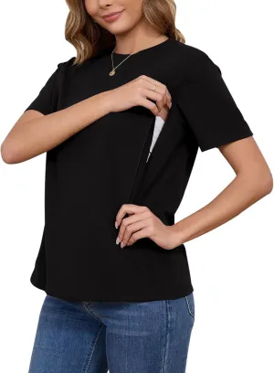 Ecavus Women's Short Sleeve Nursing Shirts for Breastfeeding Hidden Zippers Maternity Nursing Tops