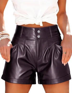 Fallorchid Women's Faux Leather High Waist Shorts Pleated Wide Leg Pants Shorts with Pockets