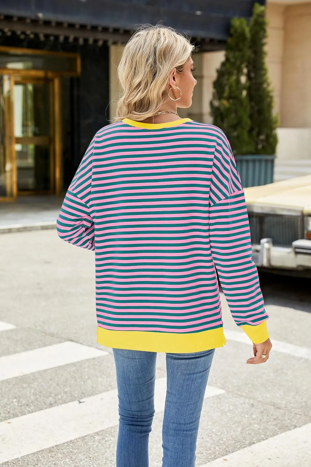 Fashionme 2025 Womens Striped Color Block Tunic Tops Side Slits Spring Long Sleeve T-shirts Sweatshirt Crewneck Loose Trendy