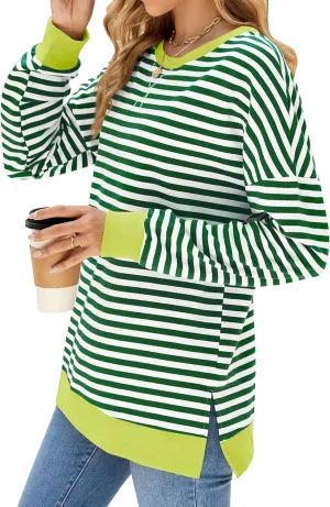 Fashionme 2025 Womens Striped Color Block Tunic Tops Side Slits Spring Long Sleeve T-shirts Sweatshirt Crewneck Loose Trendy