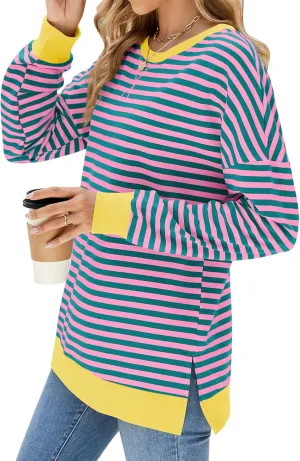 Fashionme 2025 Womens Striped Color Block Tunic Tops Side Slits Spring Long Sleeve T-shirts Sweatshirt Crewneck Loose Trendy