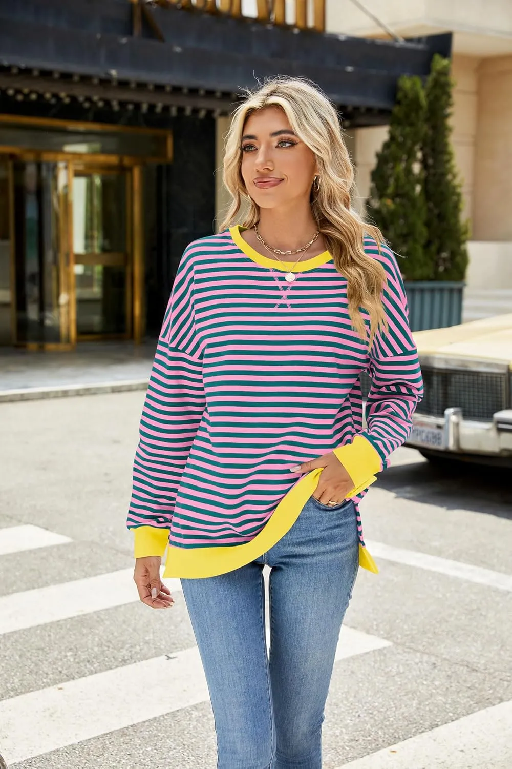 Fashionme 2025 Womens Striped Color Block Tunic Tops Side Slits Spring Long Sleeve T-shirts Sweatshirt Crewneck Loose Trendy