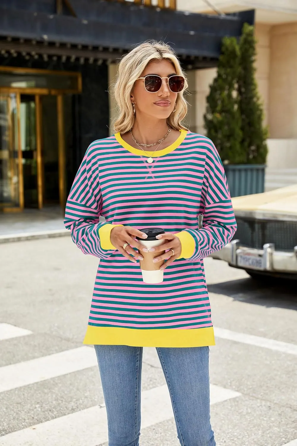 Fashionme 2025 Womens Striped Color Block Tunic Tops Side Slits Spring Long Sleeve T-shirts Sweatshirt Crewneck Loose Trendy