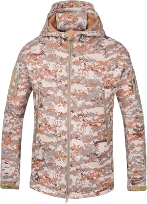 Finelylove Men's Military Tactical Jacket Camo Fleece Lined Softshell Rain Jacket Waterproof Raincoat for Hunting Hiking