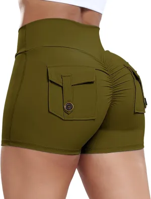 FITTOO Scrunch Butt Lifting Shorts for Women with Pocket Cross High Waist Crossover Yoga Workout Booty Shorts