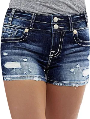 Flamingals Distressed Jean Shorts High Waist Ripped Shorts for Women Double Button Skinny Denim Shorts