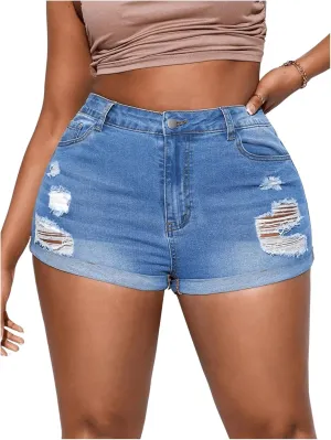 Floerns Women's Plus Size High Waist Denim Shorts Ripped Folded Hem Skinny Jean Shorts