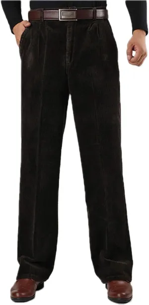 Flygo Mens Relaxed Fit High-Waisted Straight Leg Corduroy Pant Non-Iron