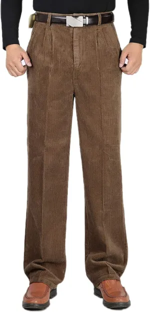 Flygo Mens Relaxed Fit High-Waisted Straight Leg Corduroy Pant Non-Iron