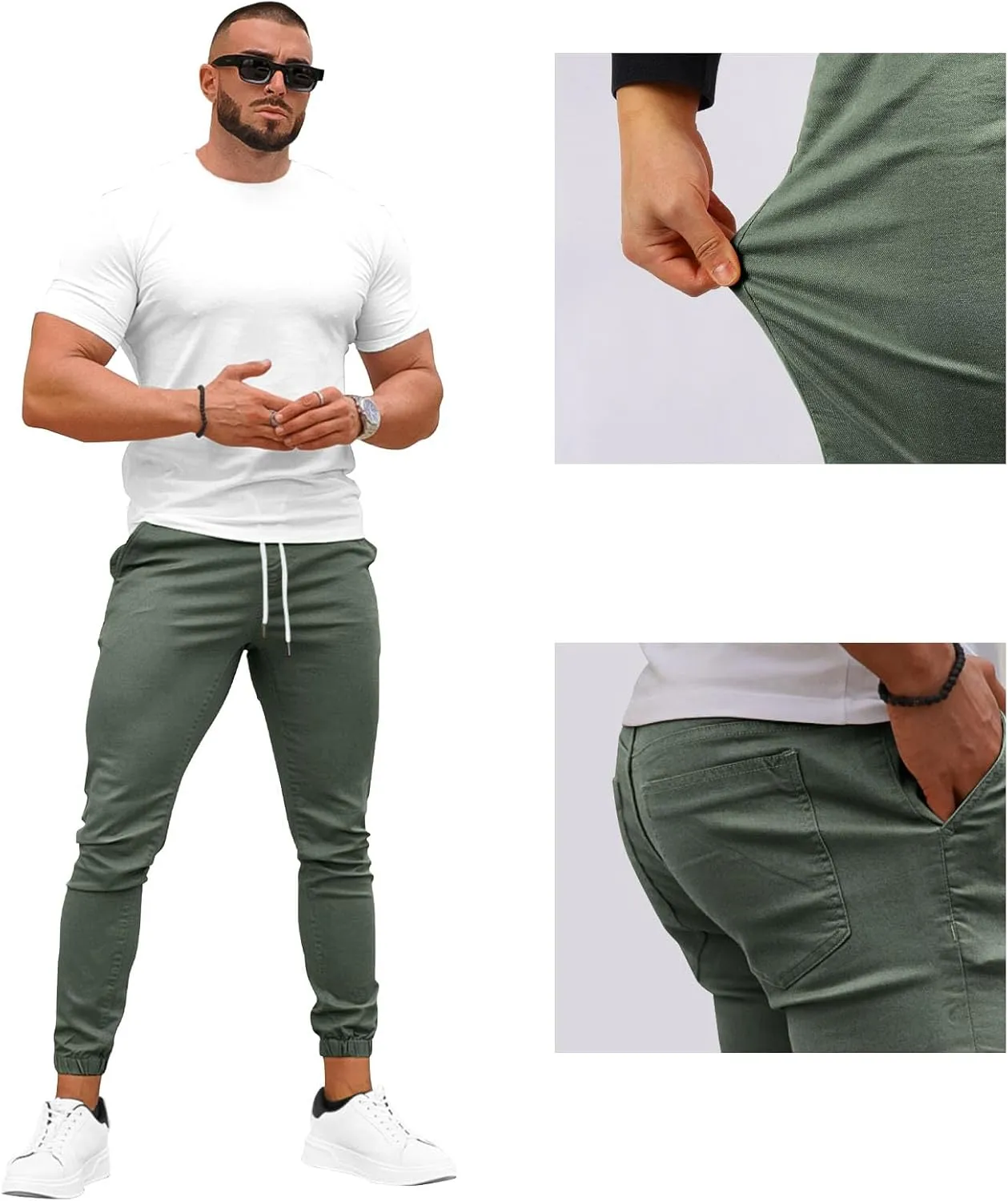 GINGTTO Mens Slim Fit Joggers Short Length Fitted Stretch Pants Elastic Waist Drawstring Tapered Leg