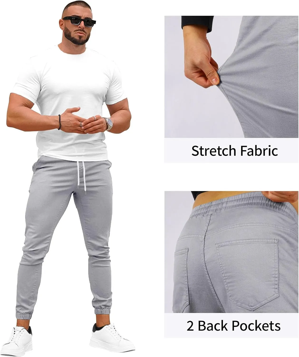GINGTTO Mens Slim Fit Joggers Short Length Fitted Stretch Pants Elastic Waist Drawstring Tapered Leg