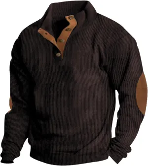 GOFULY Corduroy Sweatshirts For Men No Hood Mock Neck Butto Henley Shirt Long Sleeve Pullovers Fashion Stand Collar Sweater