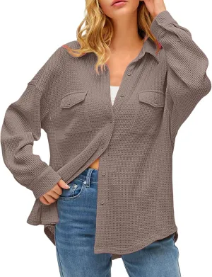 GOKKILRW Womens Button Down Long Sleeve Blouses 2024 Fall Waffle Lightweight Breathable Shackets Solid Casual Shirt Jackets