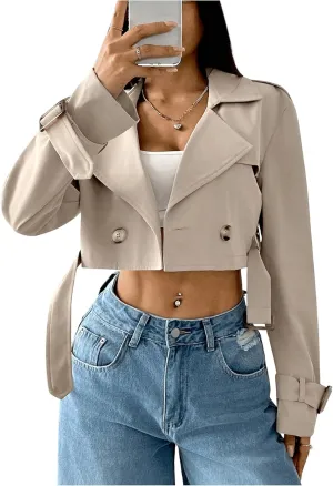 GORGLITTER Women's Crop Trench Coat Jacket Long Sleeve Double Breasted Overcoat