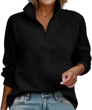 Half Zip Work Sweatshirts for Women Fall Trendy Lightweight Pullover Sweater Solid Color Slim Fit V Neck Pullover Top