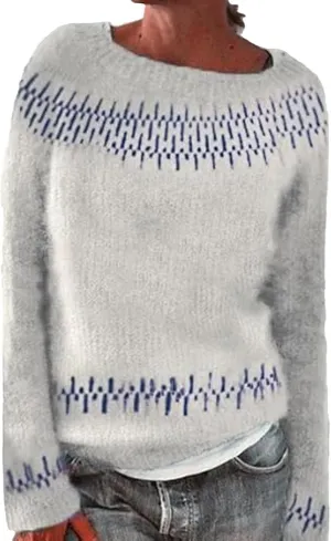 iLH Fair Isle Knitted Sweaters for Women Vintage Long Sleeve Crewneck Sweater Oversize Pullover Tops for Fall Winter