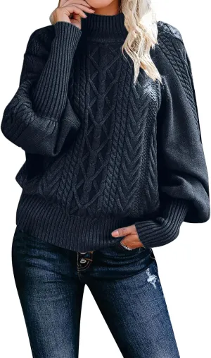 iLH Sweater for Women 2024 Fall Winter Knit Sweaters Mid Neck Long Sleeve Chunky Shirts Casual Loose Pullover Tops