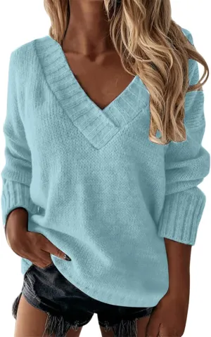 iLH Sweater for Women 2024 Fall Winter Oversized Sweater V Neck Long Sleeve Loose Shirt Solid Knit Pullover Sweater Tops