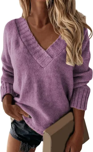 iLH Sweater for Women 2024 Fall Winter Oversized Sweater V Neck Long Sleeve Loose Shirt Solid Knit Pullover Sweater Tops