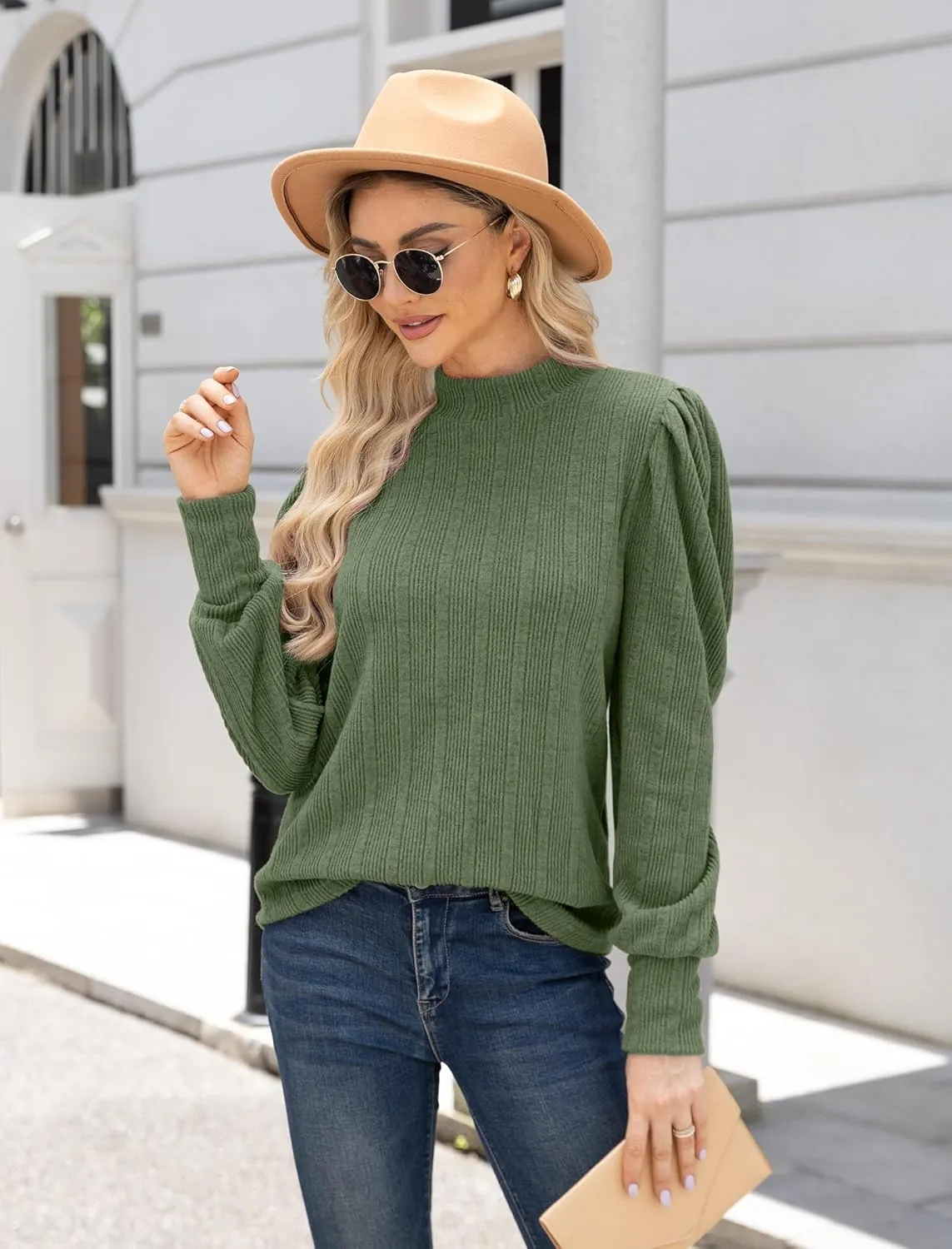 JUSTFASHIONNOW Womens Fall Tops Mock Neck Long Sleeve Shirts Puff Sleeve Sweaters Trendy 2024 Ribbed Knit Pullover Sweater