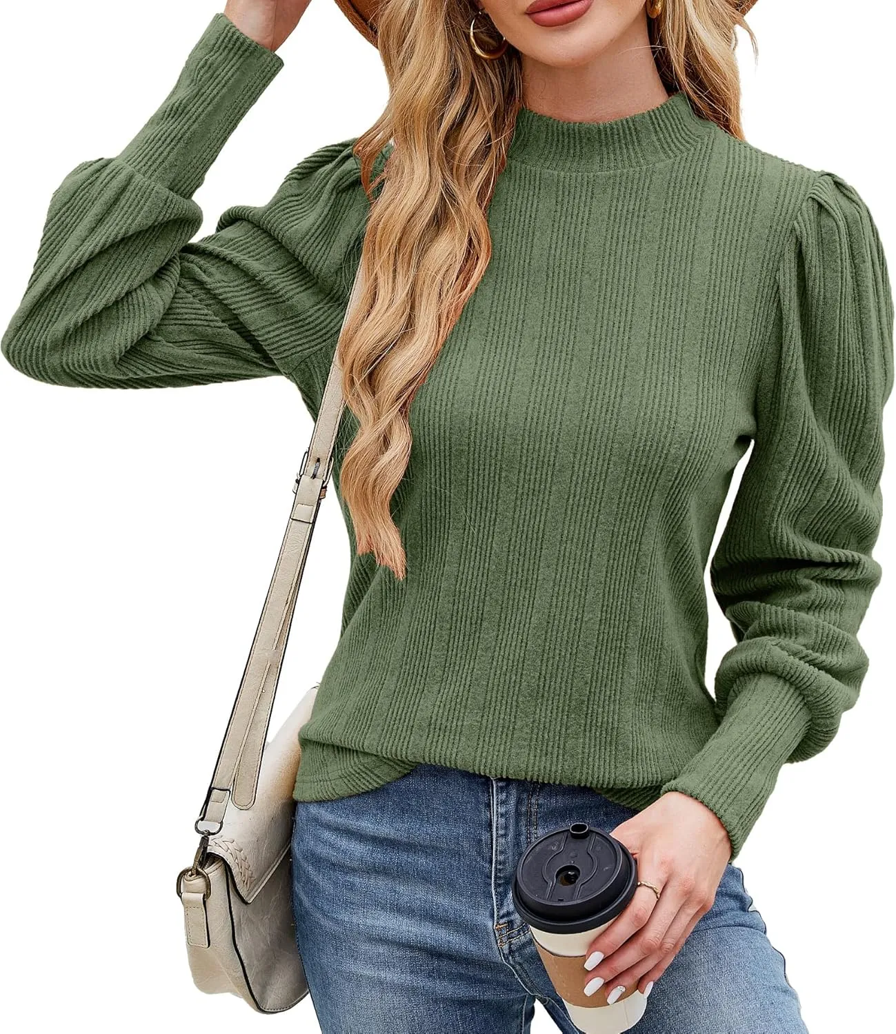 JUSTFASHIONNOW Womens Fall Tops Mock Neck Long Sleeve Shirts Puff Sleeve Sweaters Trendy 2024 Ribbed Knit Pullover Sweater