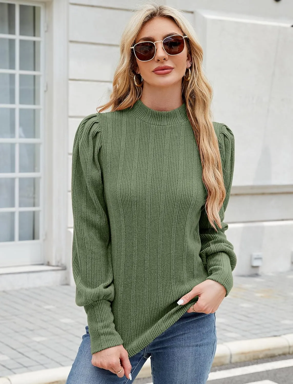 JUSTFASHIONNOW Womens Fall Tops Mock Neck Long Sleeve Shirts Puff Sleeve Sweaters Trendy 2024 Ribbed Knit Pullover Sweater
