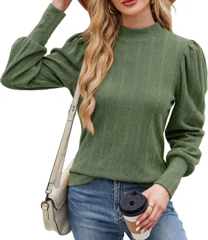 JUSTFASHIONNOW Womens Fall Tops Mock Neck Long Sleeve Shirts Puff Sleeve Sweaters Trendy 2024 Ribbed Knit Pullover Sweater