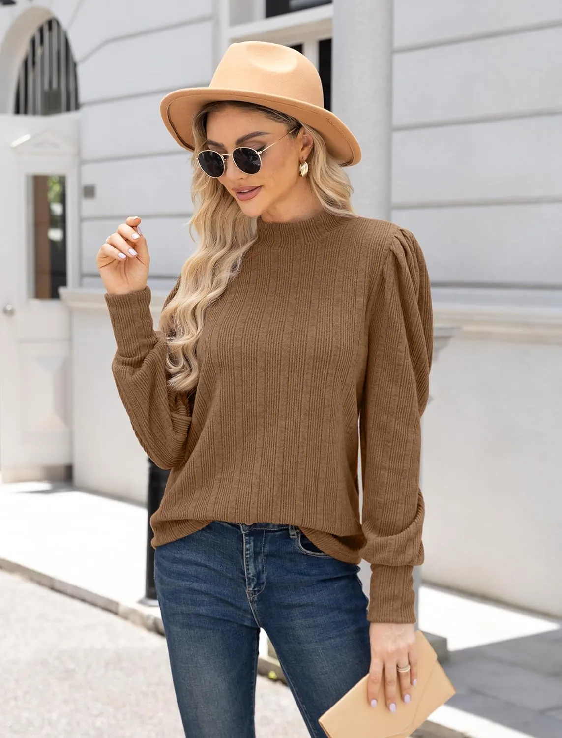 JUSTFASHIONNOW Womens Fall Tops Mock Neck Long Sleeve Shirts Puff Sleeve Sweaters Trendy 2024 Ribbed Knit Pullover Sweater