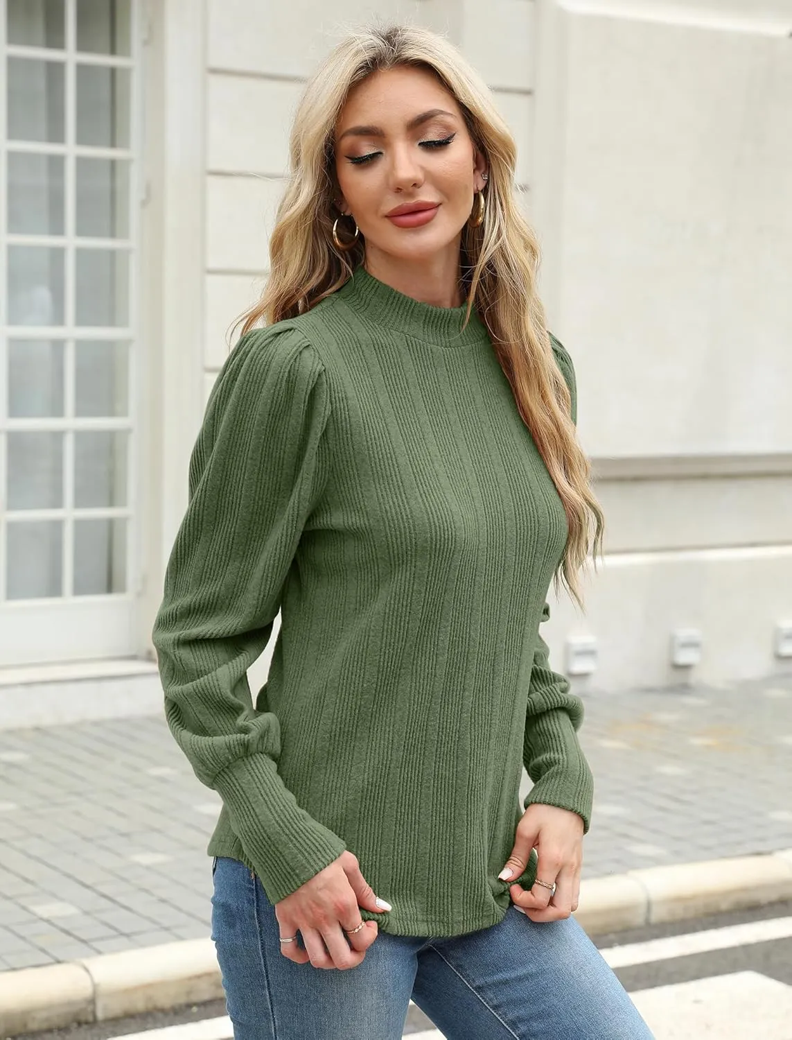 JUSTFASHIONNOW Womens Fall Tops Mock Neck Long Sleeve Shirts Puff Sleeve Sweaters Trendy 2024 Ribbed Knit Pullover Sweater