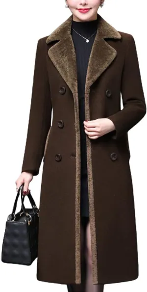 Kinghua Womens Winter Long Wool Coat Double Breasted Wool Peacoat Jackets with Fur Collar