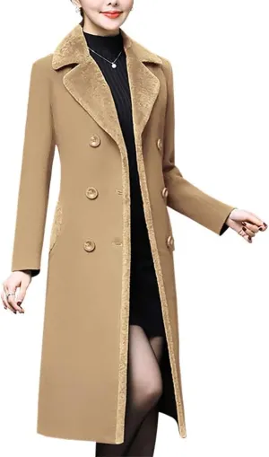 Kinghua Womens Winter Long Wool Coat Double Breasted Wool Peacoat Jackets with Fur Collar
