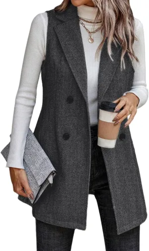 Kinghua Womens Wool Long Vest Sleeveless Lapel Double Breasted Fall Winter Coats Jackets