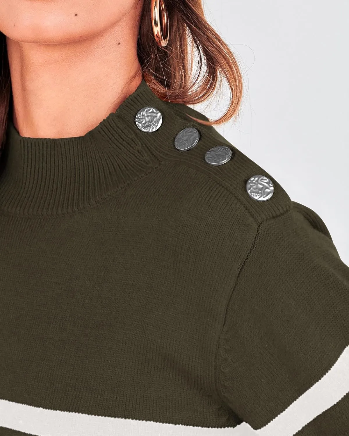 KIRUNDO Women's 2025 Fall Winter Long Sleeve Knit Sweater Turtleneck Striped Loose Pullover Tops Deco with Metal Buttons