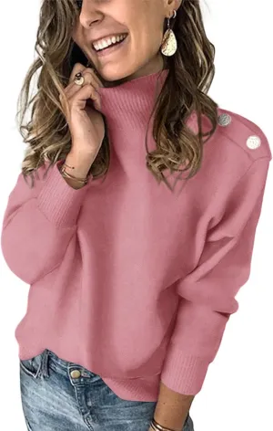 KIRUNDO Women's 2025 Fall Winter Long Sleeve Knit Sweater Turtleneck Striped Loose Pullover Tops Deco with Metal Buttons