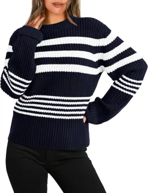 KIRUNDO Women's 2025 Fall Winter Striped Color Block Short Sweater Long Sleeve Crew Neck Casual Loose Knit Pullover Tops