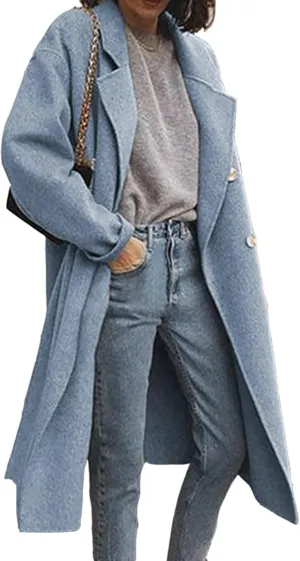 Kubbon Women's Wool Blend Trench Coat Oversized Notched Collar Jacket Coats Lightweight Single Breast Long Pea Coat Outwear