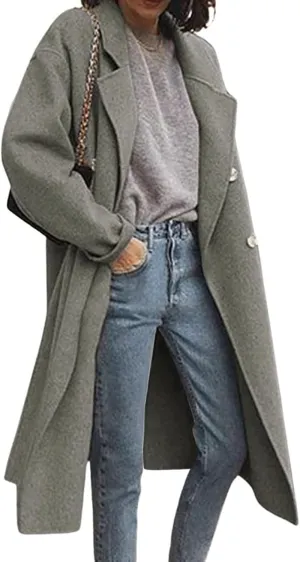 Kubbon Women's Wool Blend Trench Coat Oversized Notched Collar Jacket Coats Lightweight Single Breast Long Pea Coat Outwear