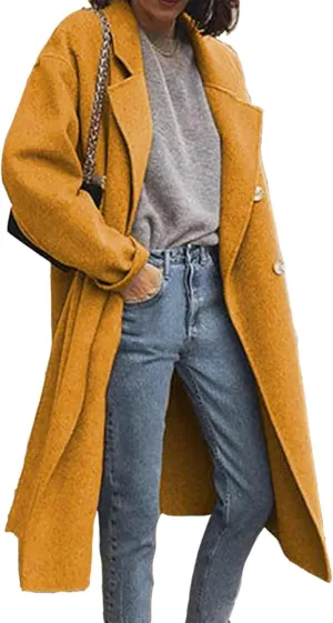 Kubbon Women's Wool Blend Trench Coat Oversized Notched Collar Jacket Coats Lightweight Single Breast Long Pea Coat Outwear