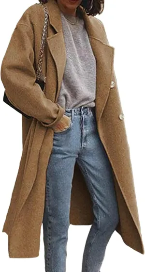 Kubbon Women's Wool Blend Trench Coat Oversized Notched Collar Jacket Coats Lightweight Single Breast Long Pea Coat Outwear