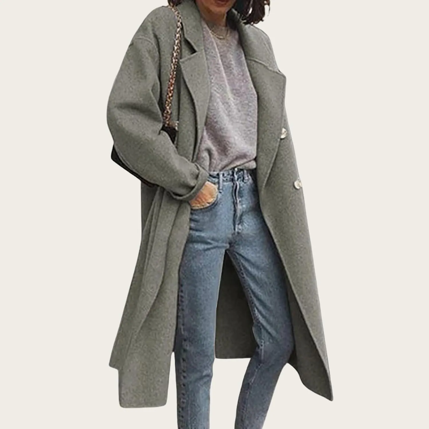 Kubbon Women's Wool Blend Trench Coat Oversized Notched Collar Jacket Coats Lightweight Single Breast Long Pea Coat Outwear