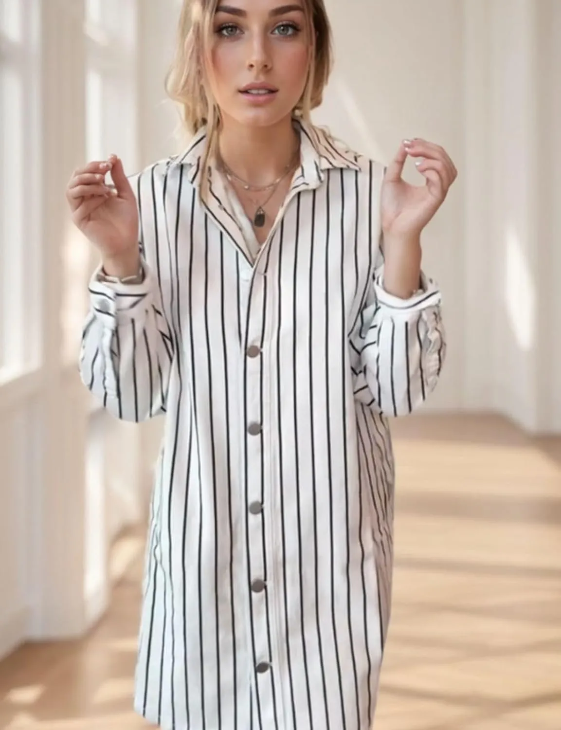 Kwoki Women Shirt Dress Casual Loose Mid Long Button Down Denim Dresses Oversized Striped Summer Tunic Blouse