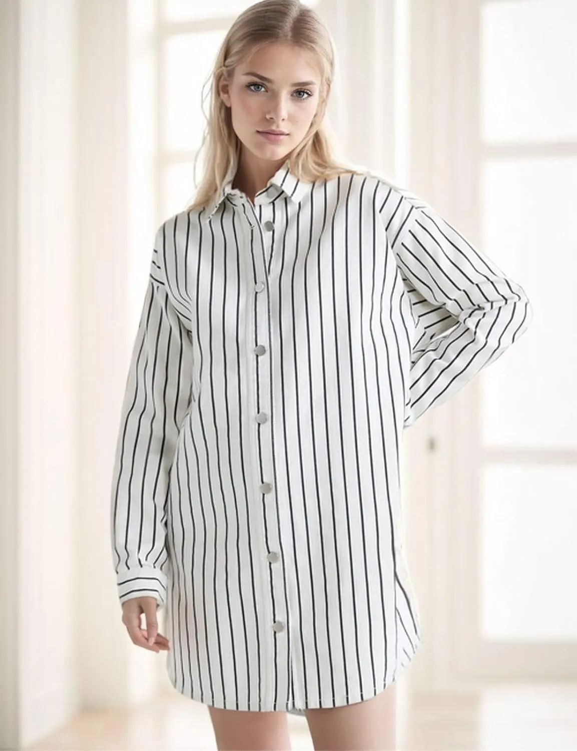 Kwoki Women Shirt Dress Casual Loose Mid Long Button Down Denim Dresses Oversized Striped Summer Tunic Blouse