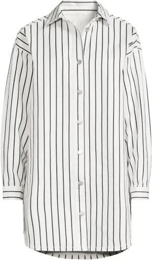Kwoki Women Shirt Dress Casual Loose Mid Long Button Down Denim Dresses Oversized Striped Summer Tunic Blouse